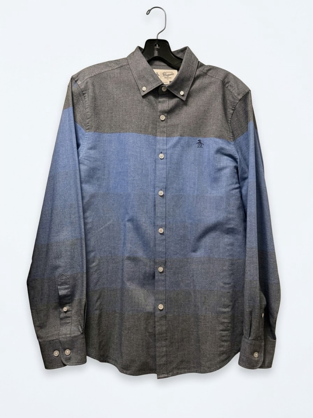 Original Penguin Mens S Chambray Colorblock Button Down Shirt Blue Gray Preppy